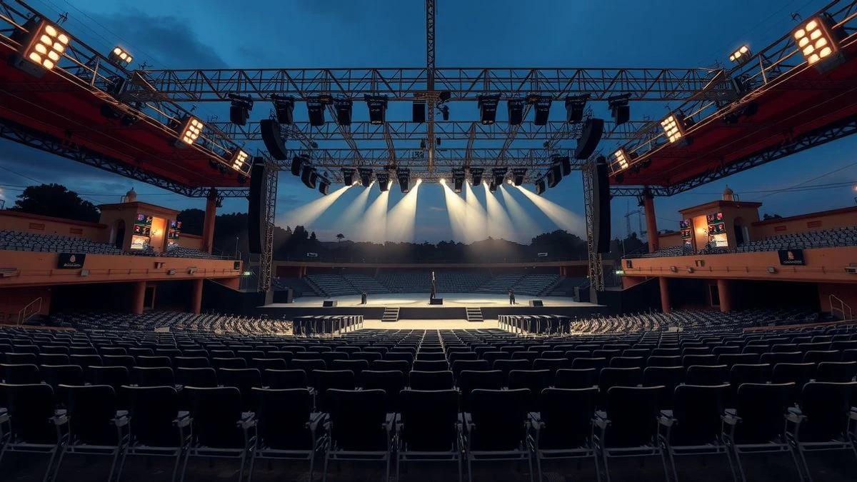 Imagen ilustrativa: escenario vacío de un concierto al aire libre al atardecer, con focos y gradas.