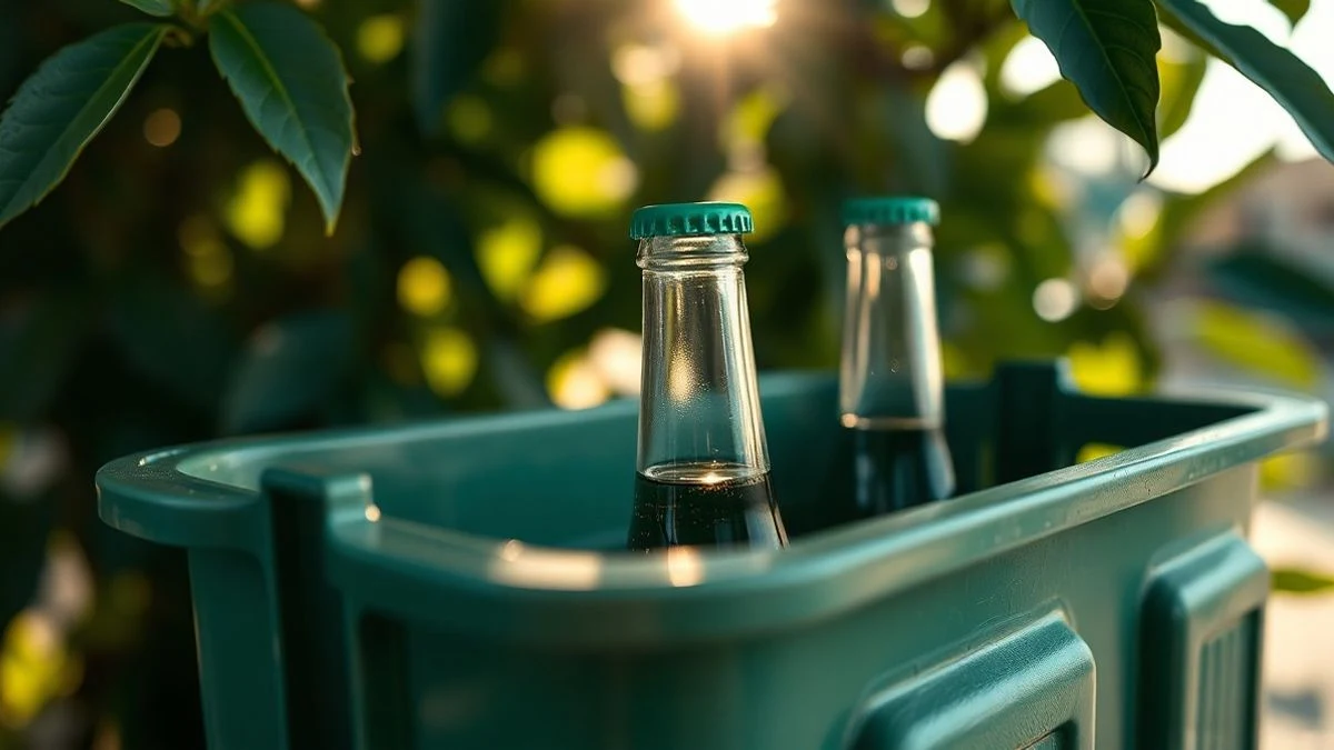 Contenedor verde de reciclaje de vidrio con botellas en su interior, iluminado por luz natural