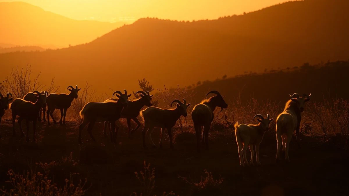 Imagen ilustrativa: silueta de un rebaño de cabras pastando en una ladera al atardecer, con luz dorada y sombras largas