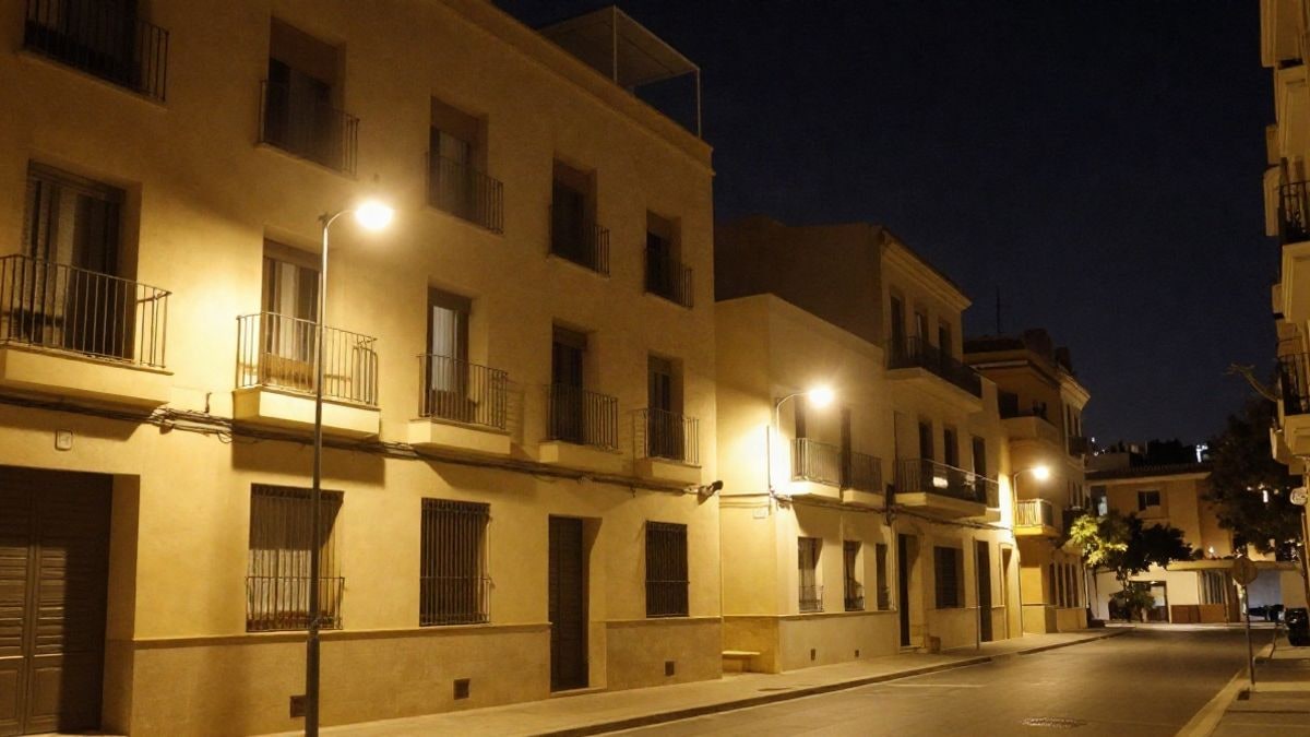 Imagen ilustrativa: fachada de un edificio residencial mediterráneo iluminado de noche por farolas y luces interiores