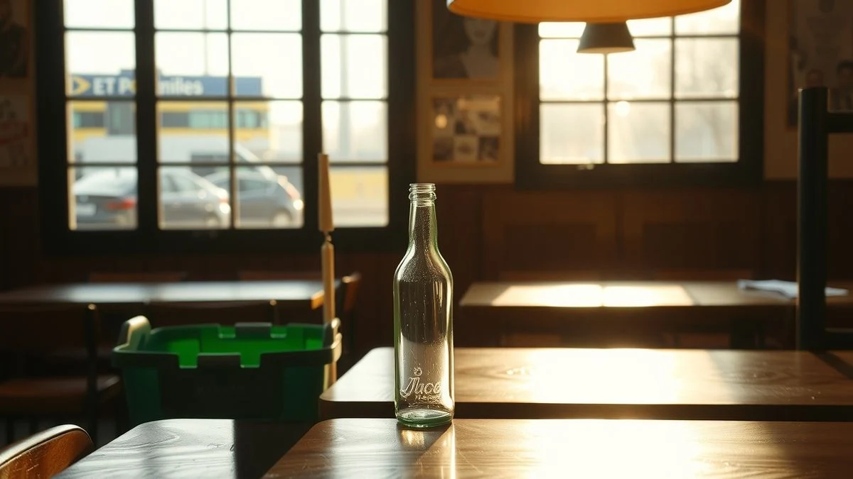 Interior de un bar con luz lateral, una botella de vidrio vacía sobre una mesa y un contenedor verde de reciclaje al fondo