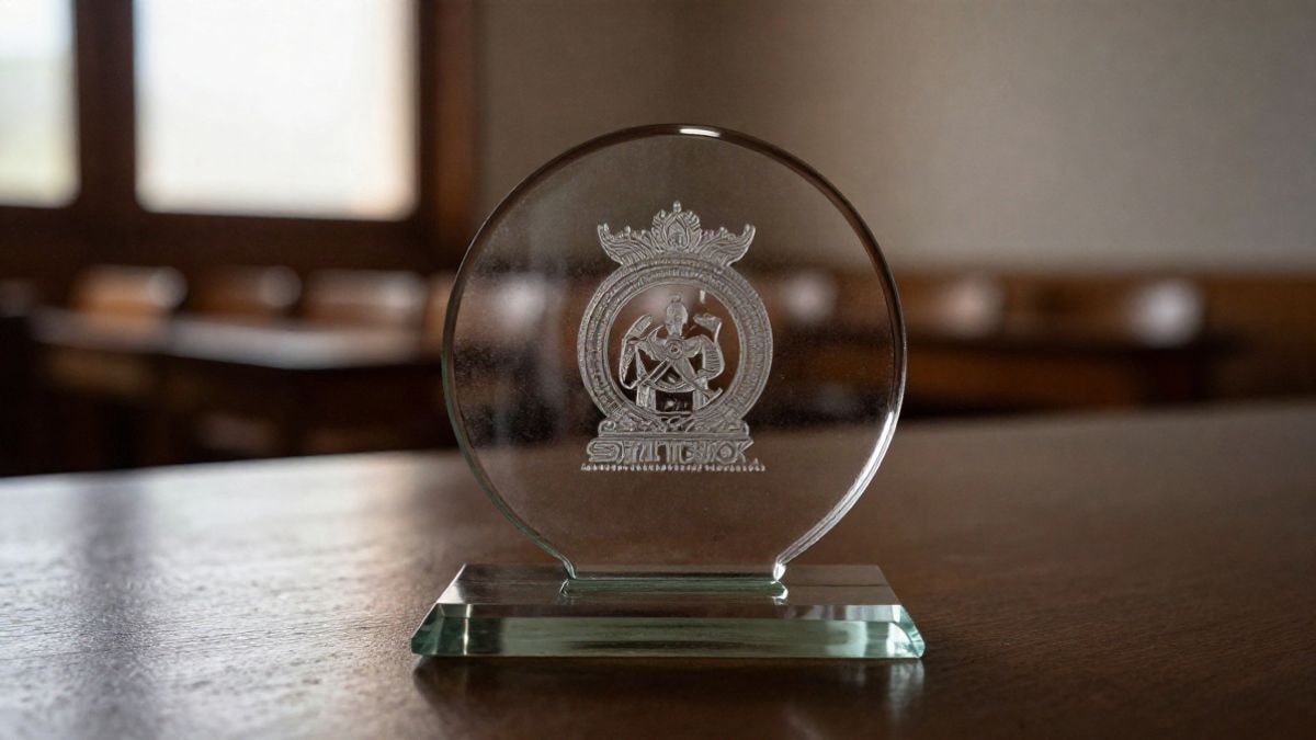 Imagen ilustrativa: primer plano de un trofeo de cristal grabado sobre una mesa de madera con un auditorio desenfocado al fondo