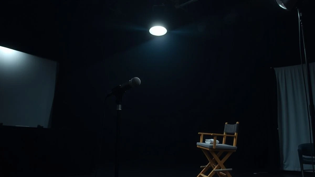 Imagen ilustrativa: un plató de televisión vacío con un micrófono y una silla de director bajo un foco de luz.