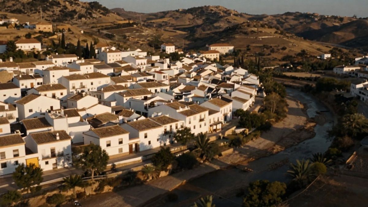 Imagen ilustrativa: vista de un pueblo blanco andaluz con un cauce seco en primer plano
