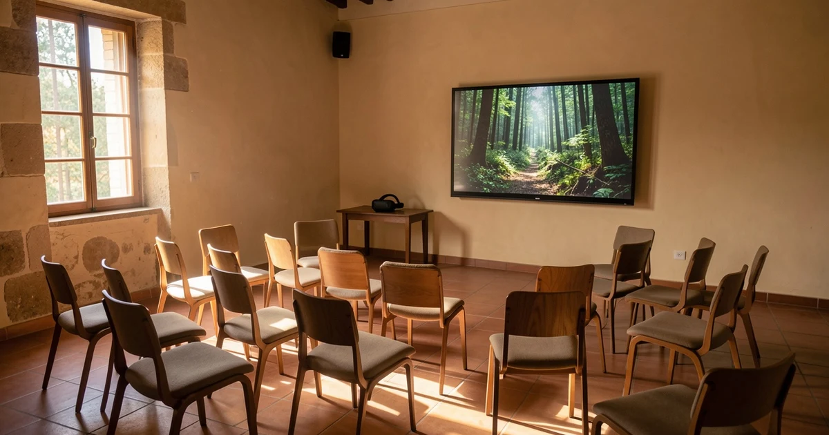 Empty room with chairs, screen showing a forest, and virtual reality glasses on a table