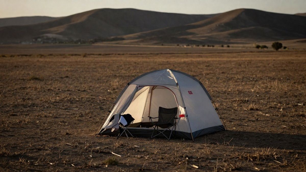 Illustrative image: empty psychological assistance tent at sunset in a generic field