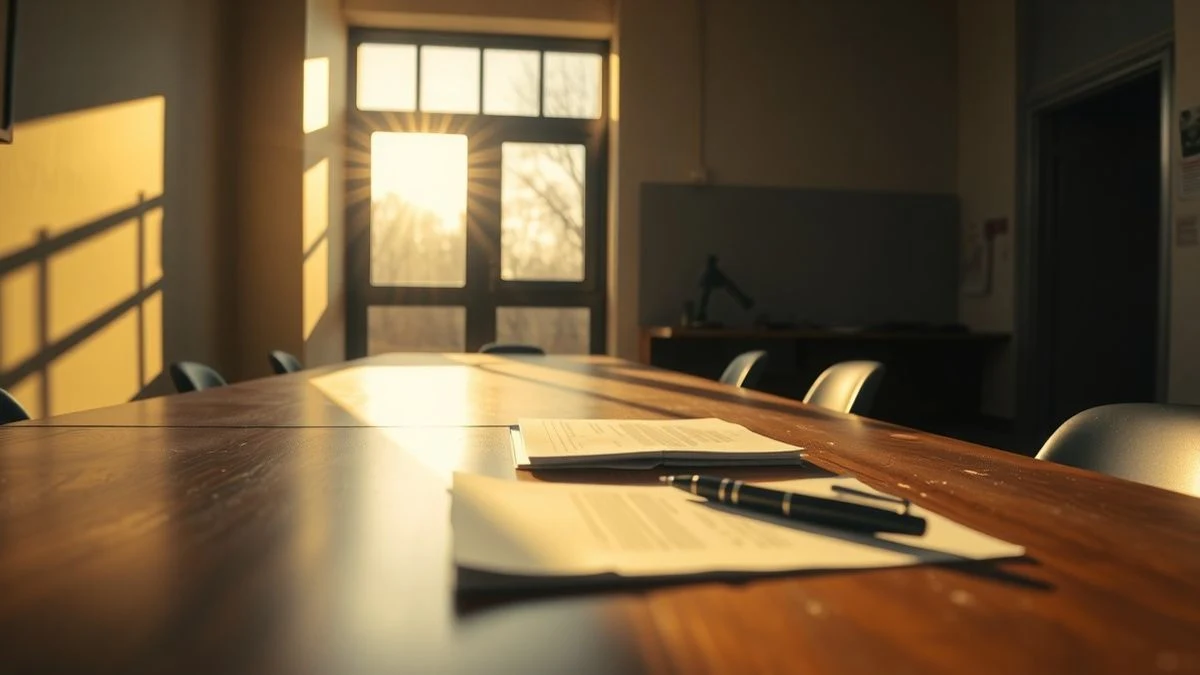Illustrative image: an empty desk in a municipal office with papers and sunset light