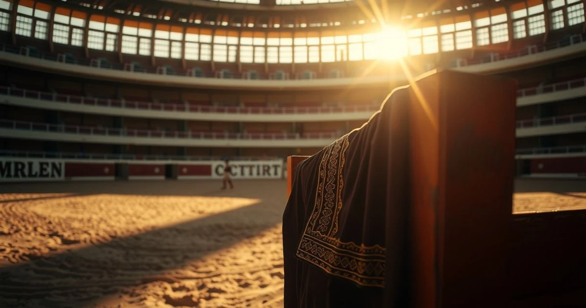 Vista de un ruedo vacío con un traje de luces sobre la barrera, iluminado por la luz del atardecer