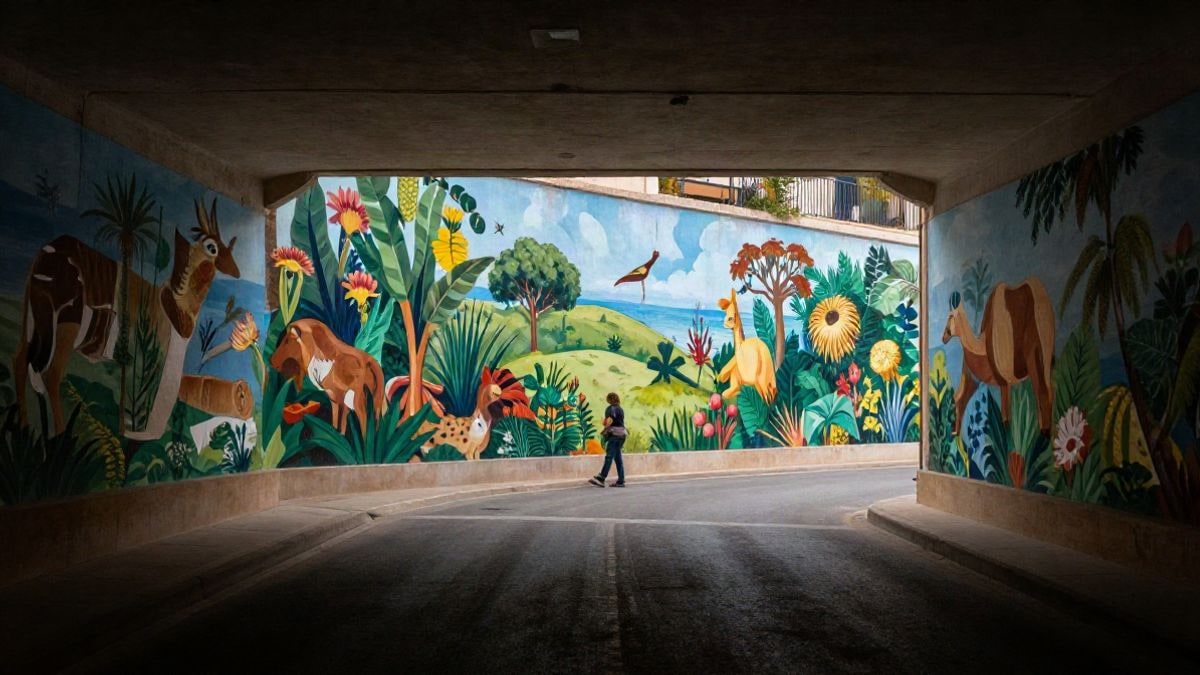 Illustrative image: a tunnel with a colourful mural of flora and fauna, with a small figure walking in the distance.