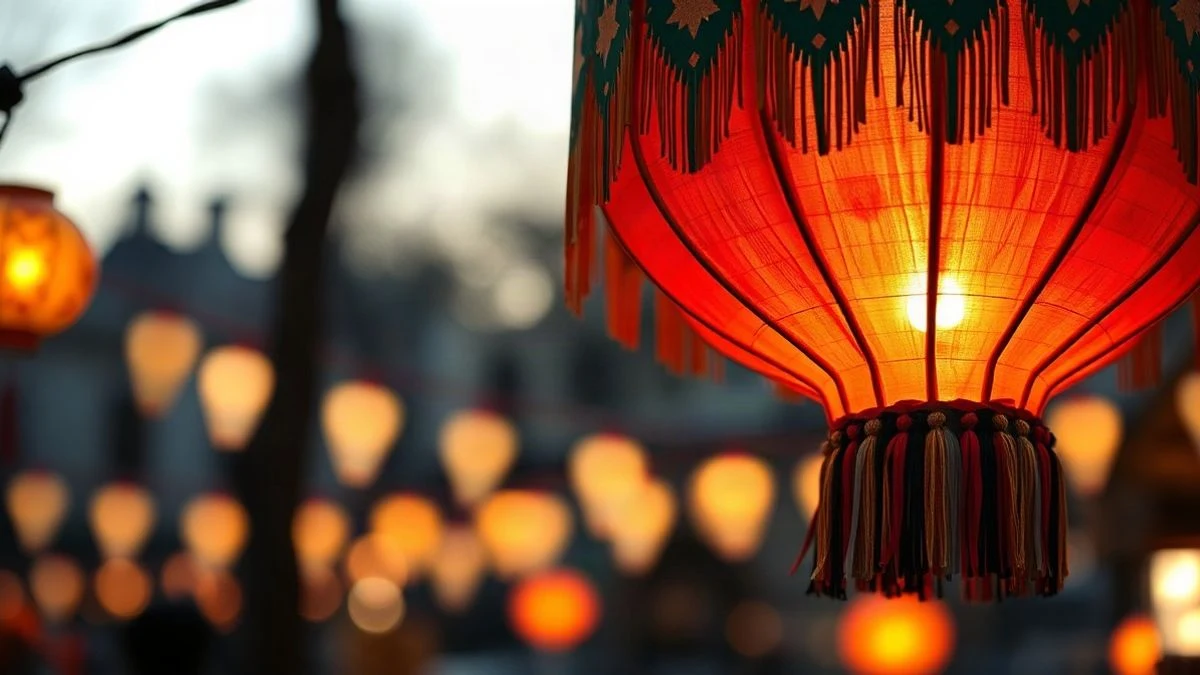 Imagen ilustrativa: farolillo de feria de colores colgado con luces de fondo desenfocadas al atardecer.