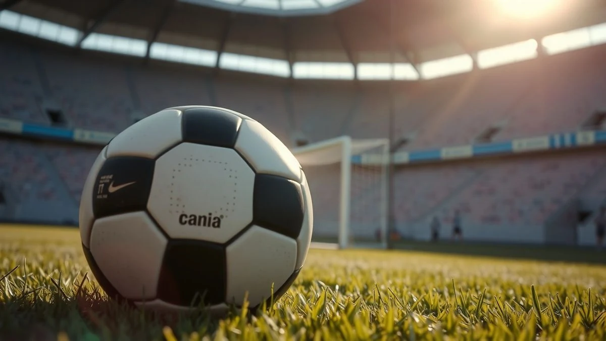 Football on the grass of an empty stadium with sunset light