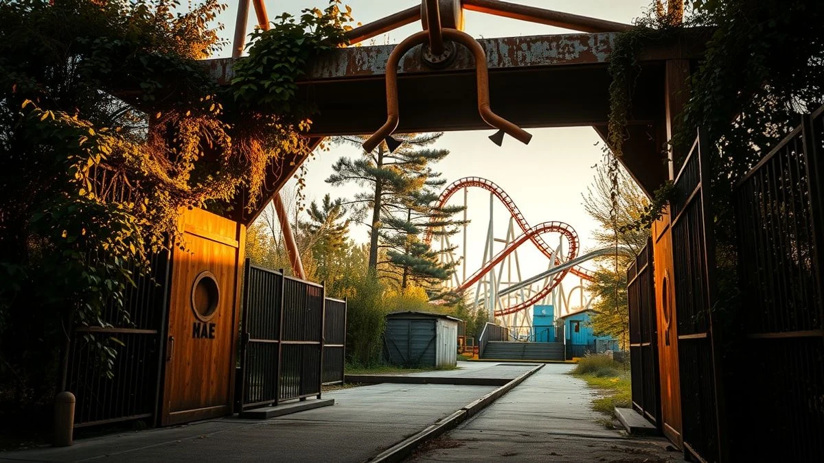 Entrada de un parque de atracciones abandonado con vegetación crecida al atardecer