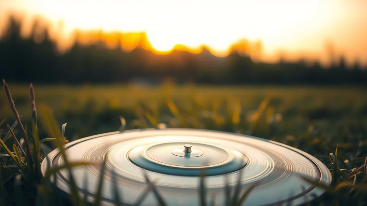Imagen ilustrativa: un disco de atletismo apoyado sobre el césped al atardecer, con luz cálida y fondo desenfocado.