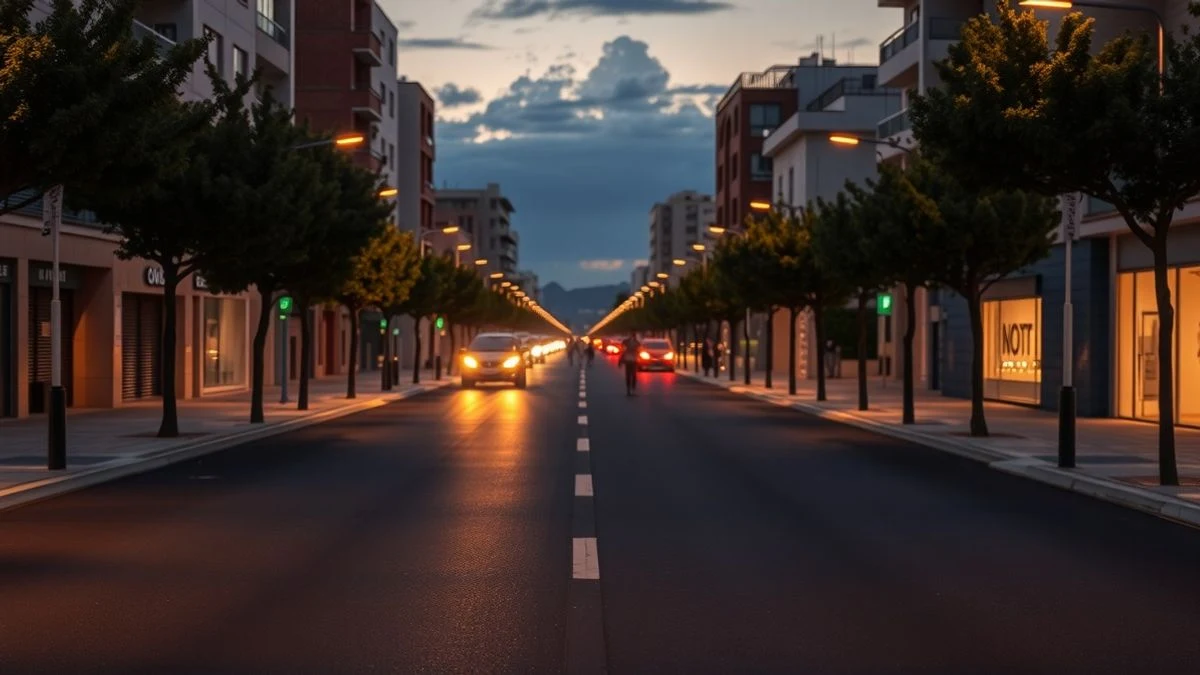 Illustrative image: newly paved urban avenue at sunset, with young trees and lit streetlights, no recognizable people.