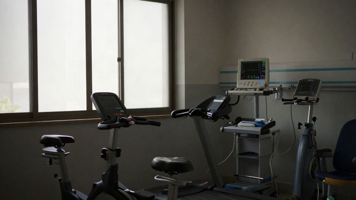Imagen ilustrativa: sala de rehabilitación cardíaca con bicicletas estáticas y monitor de telemetría junto a una ventana
