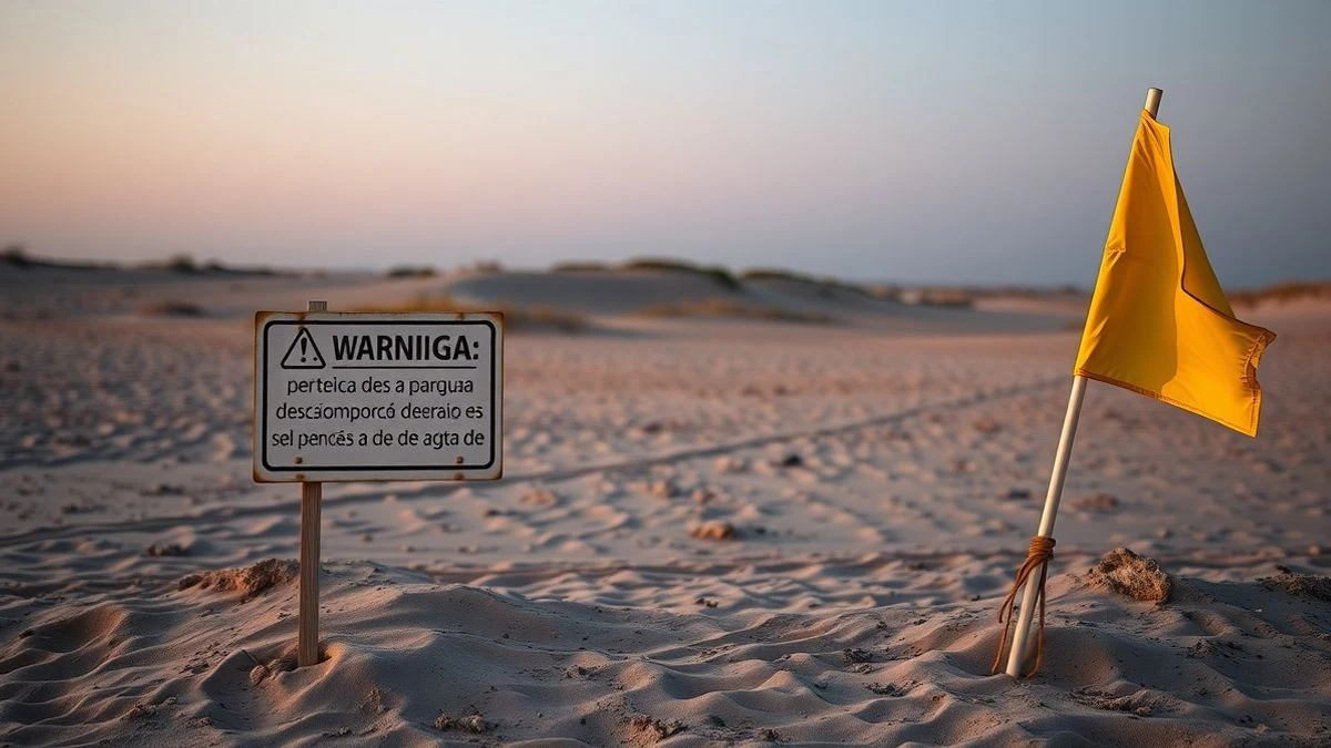 Imagen ilustrativa: una playa vacía al atardecer con una bandera amarilla y un cartel de advertencia