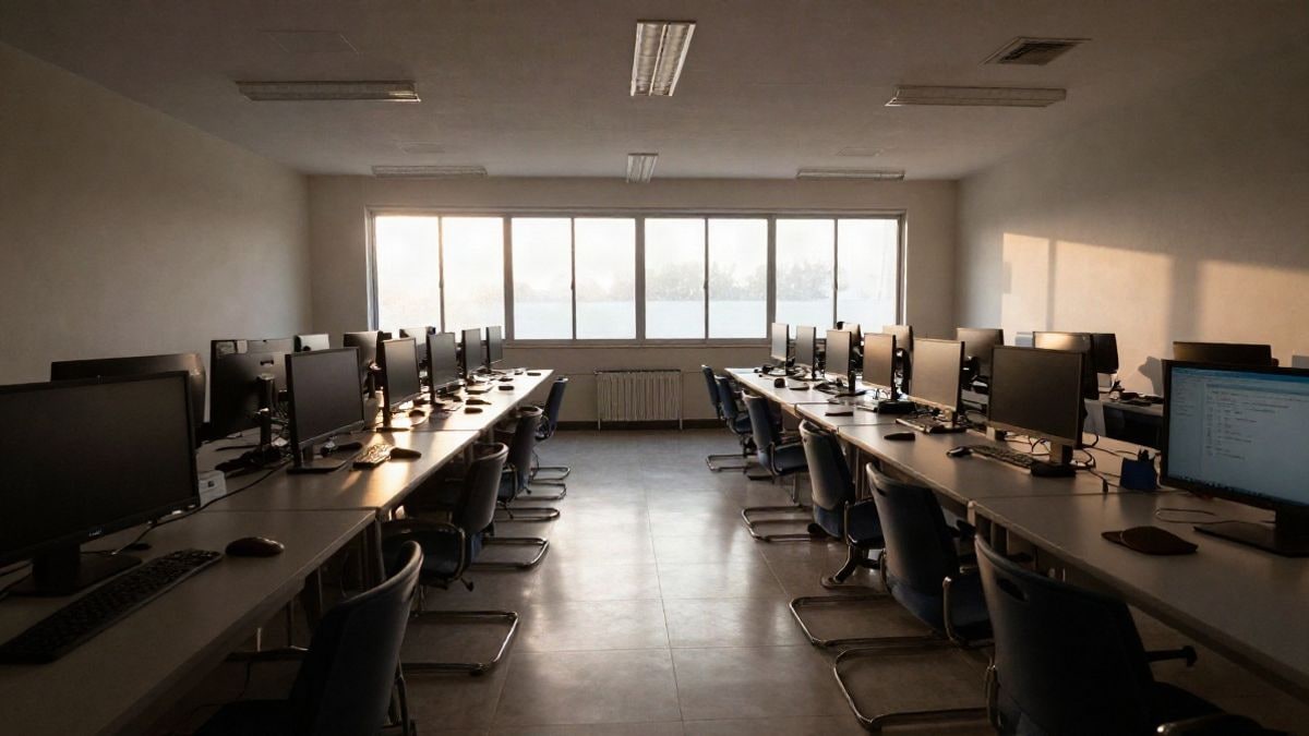 Illustrative image: modern classroom with empty tables and computer screens, illuminated by natural light