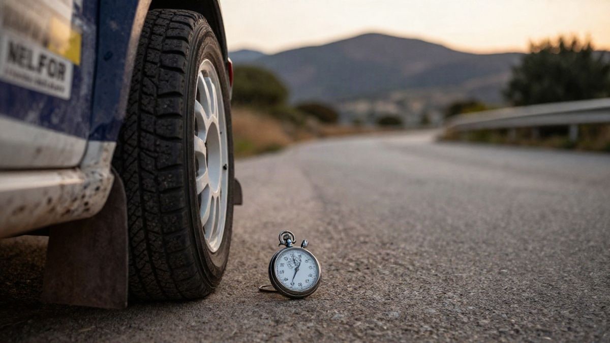 Imagen ilustrativa: neumático de rally y cronómetro sobre una carretera de montaña al atardecer
