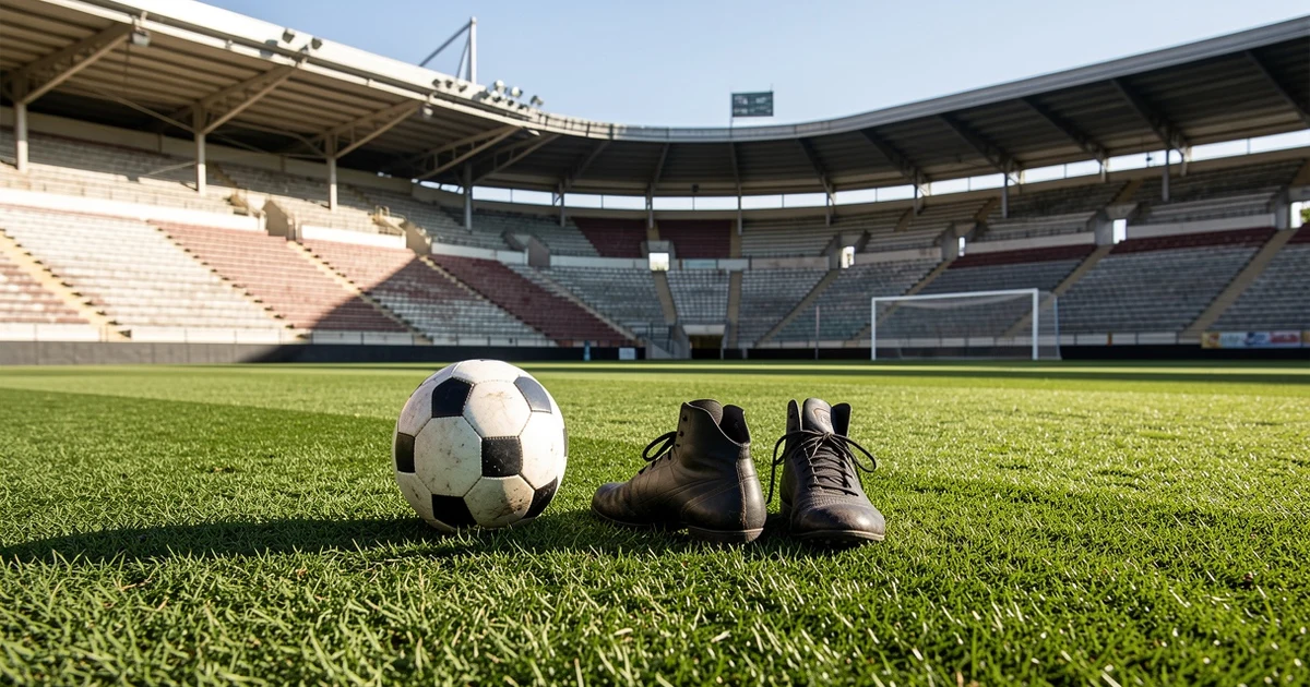 Balón y botas de fútbol sobre el césped de un estadio vacío