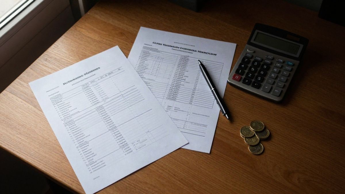 Illustrative image: overhead view of a table with budget documents, calculator and coins