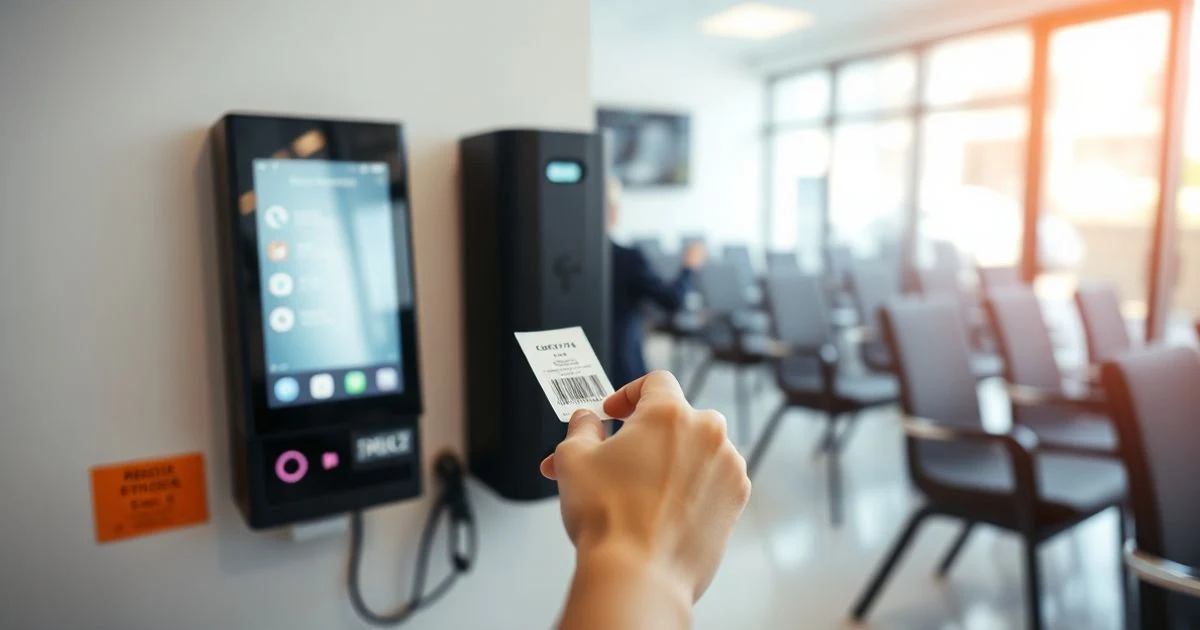 Ticket vending machine in a health centre with a digital screen and waiting room background