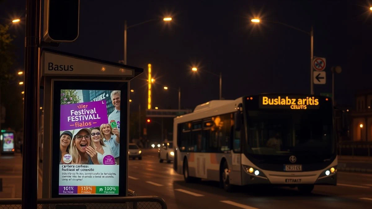 Illustrative image: bus stop illuminated at night with a digital festival information sign.