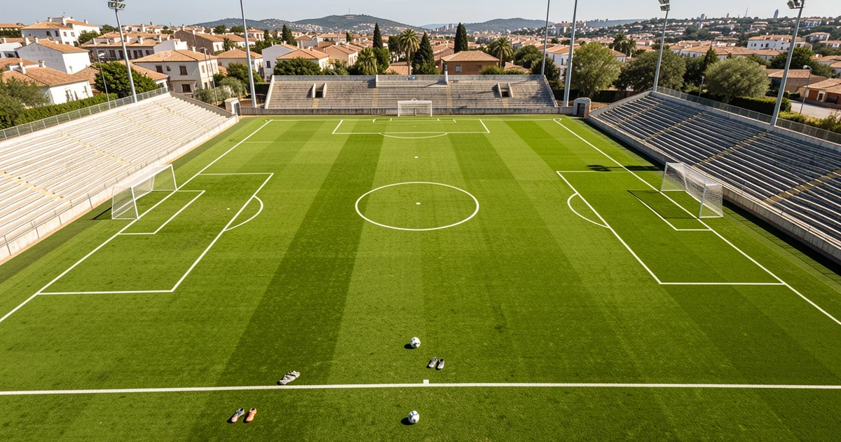 Campo de fútbol vacío con balón y botas sobre el césped