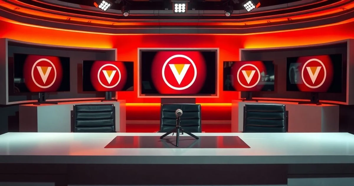 Plató de televisión vacío con micrófonos y pantallas de fondo, iluminación cálida de estudio