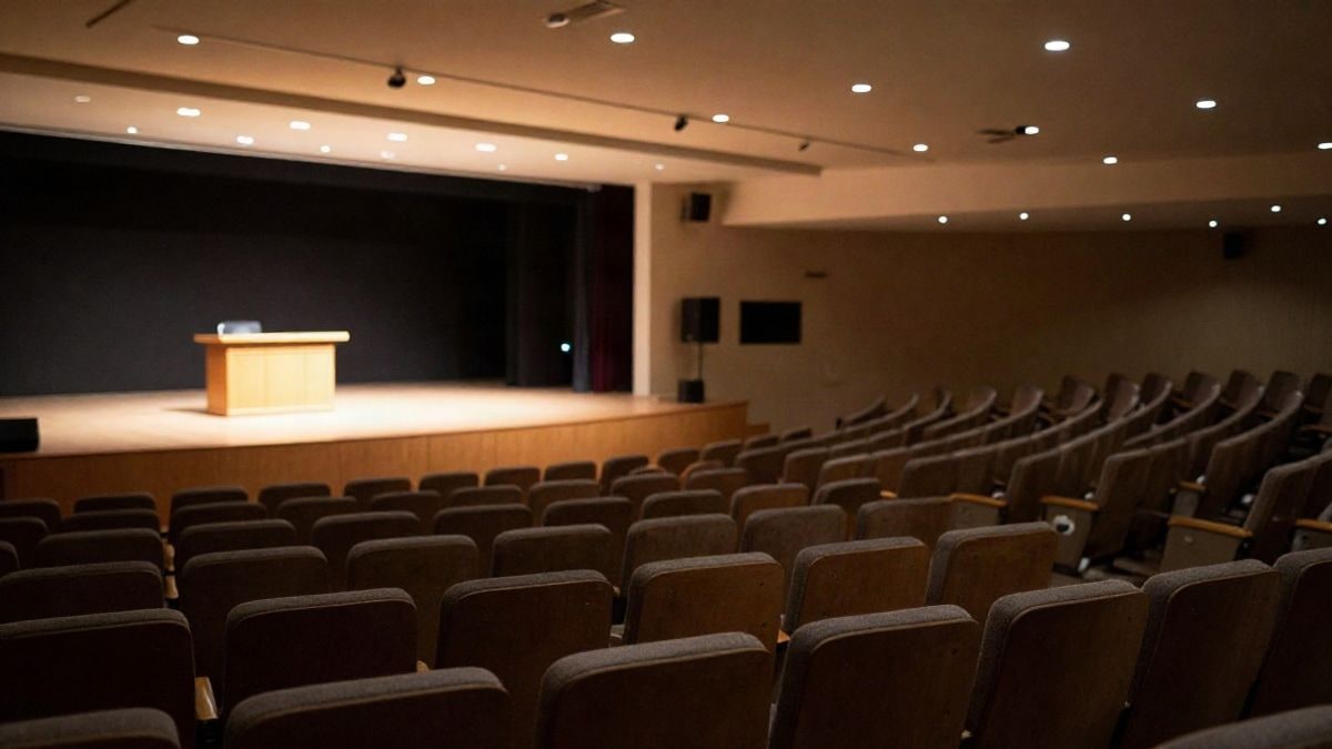 Illustrative image: interior of an empty conference hall with seats and a lit lectern on stage