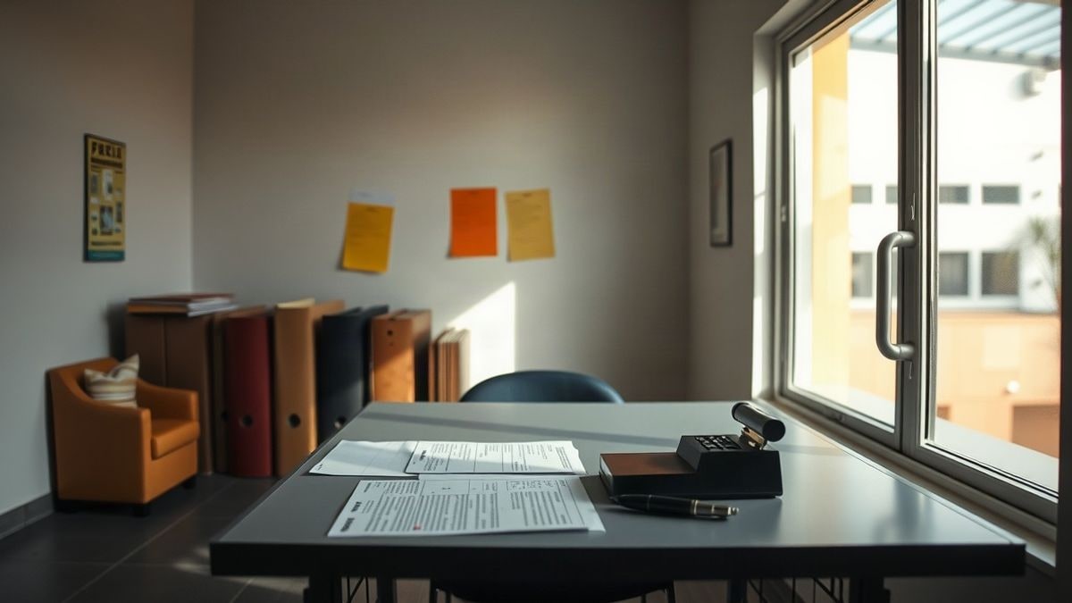 Illustrative image: an office with forms and a pen on the table.