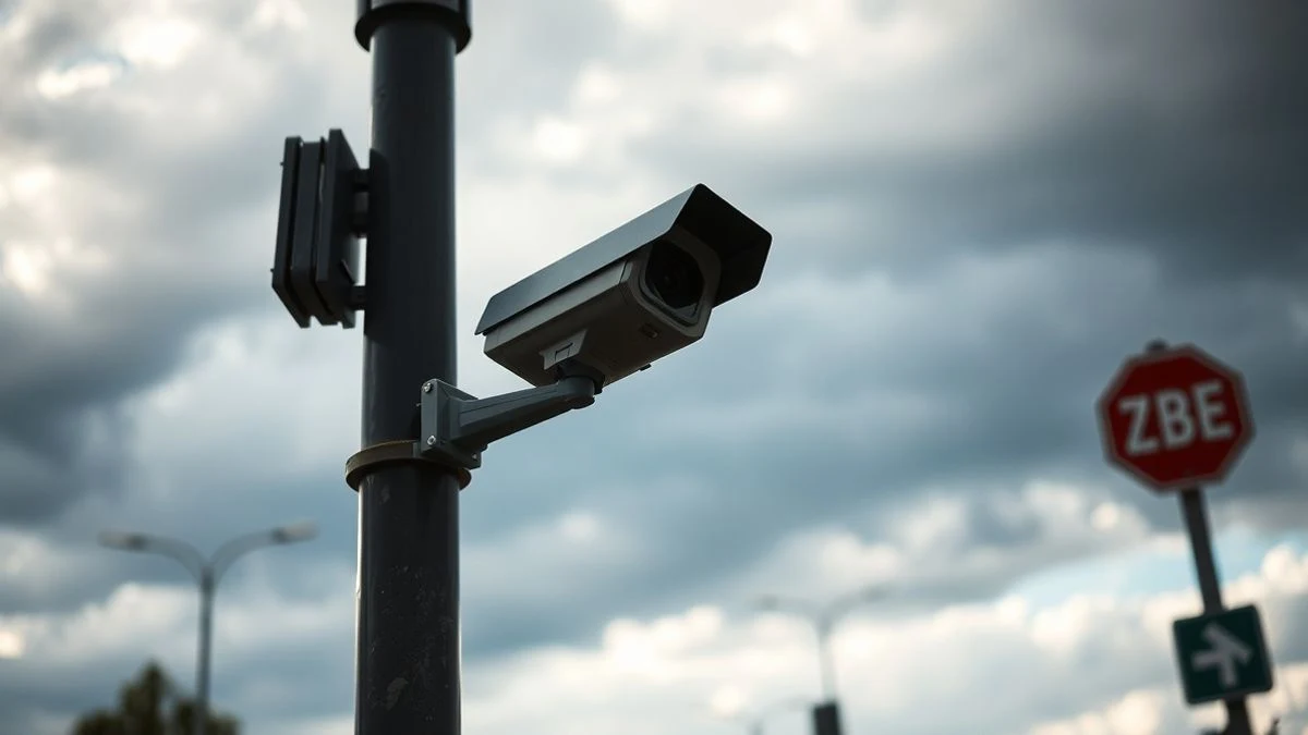 Cámara de tráfico en un poste con cielo nublado de fondo y señal de ZBE desenfocada