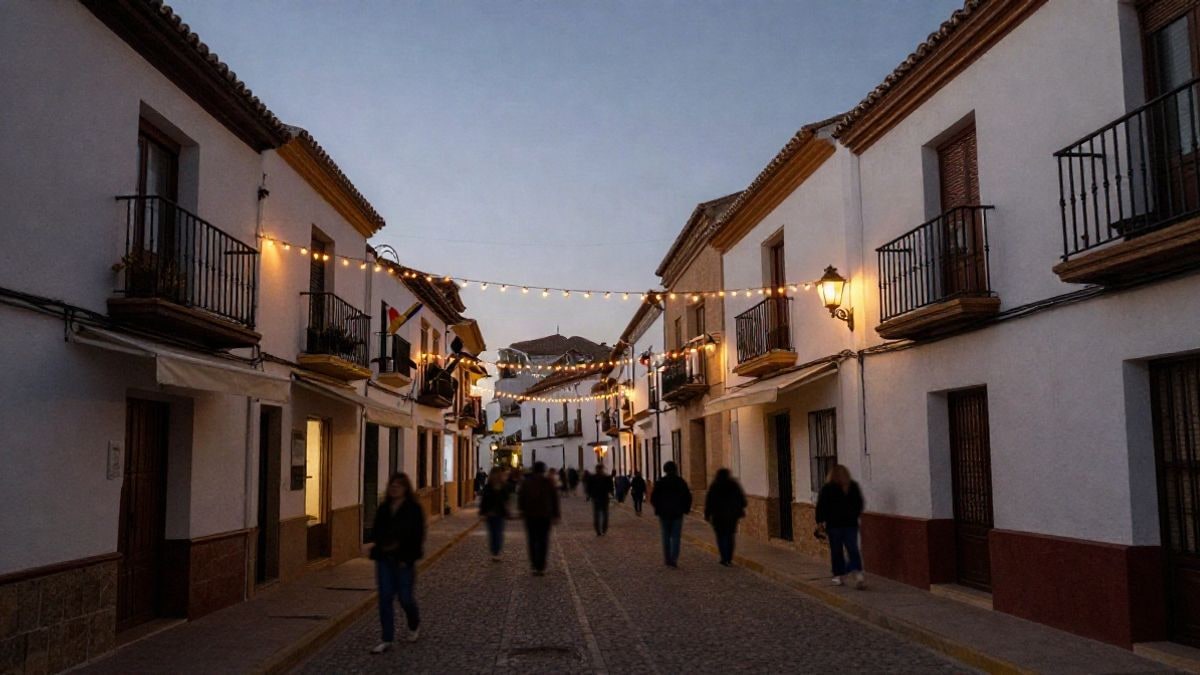Illustrative image: street of an Andalusian village adorned with lights and awnings for a fair at sunset.