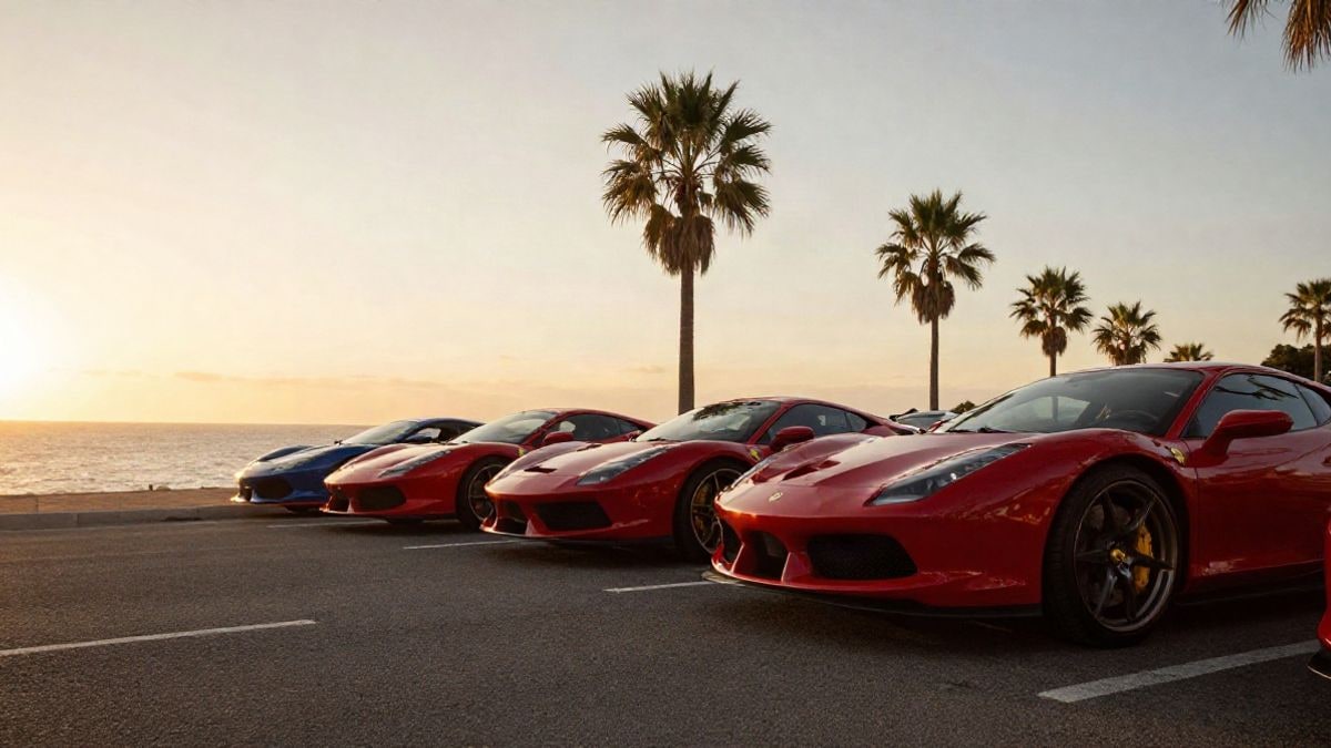 Illustrative image: wide-angle of red cars lined up on a coastal road at sunset