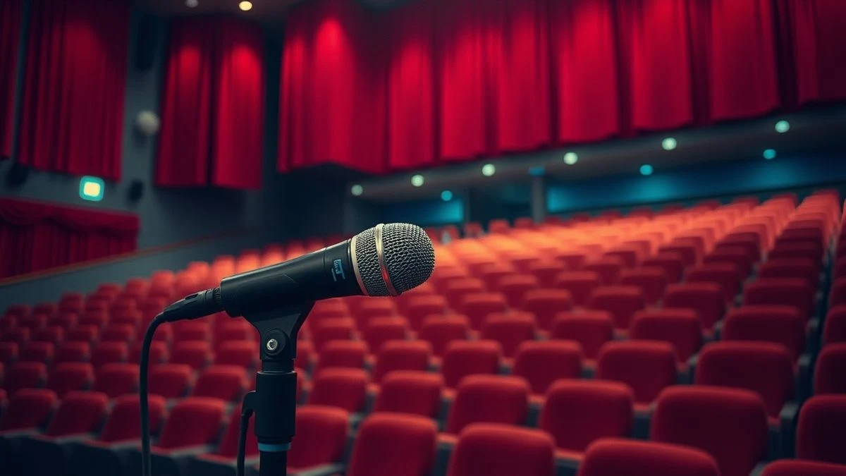Illustrative image: a microphone on an empty lectern on a stage with red curtains, illuminated by a side spotlight.
