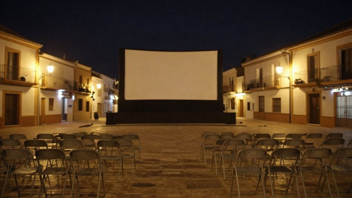 Illustrative image: empty outdoor cinema screen in a lit square at night with street lamps and folding chairs