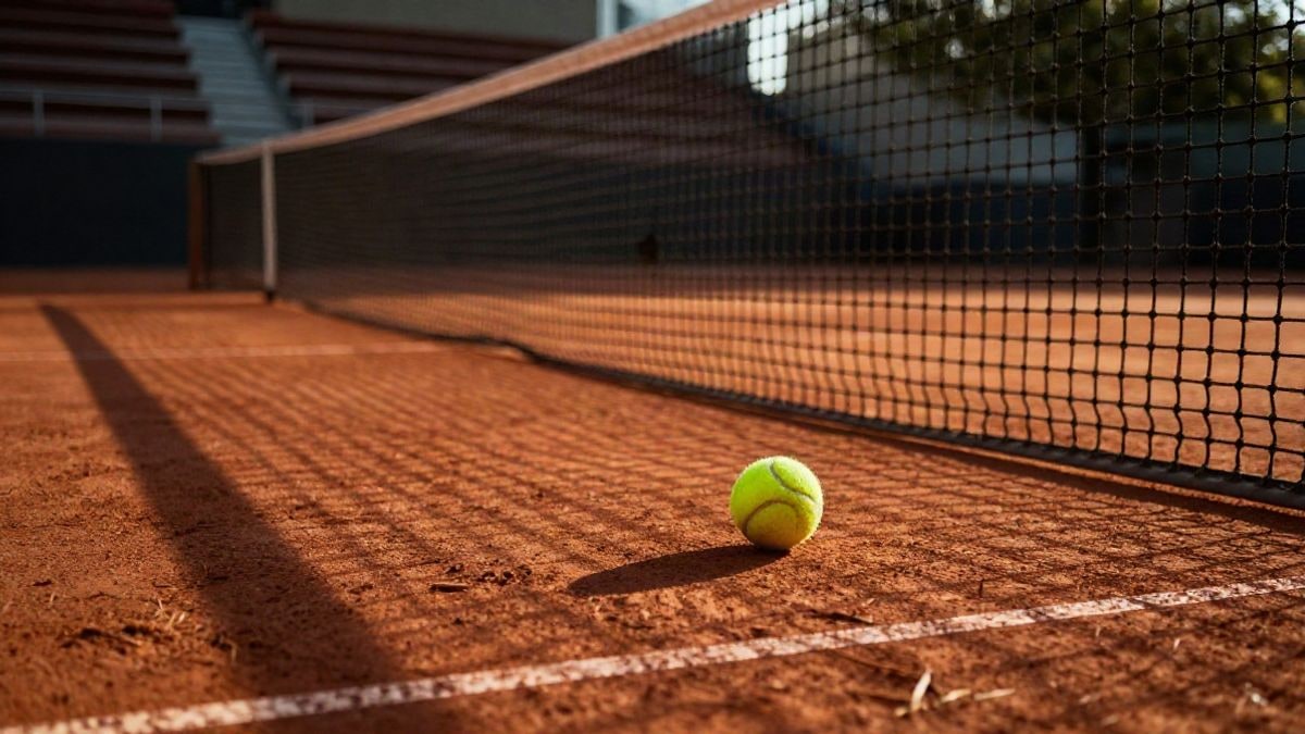 Imagen ilustrativa: primer plano de una red de tenis y una pelota sobre la pista de tierra batida al atardecer