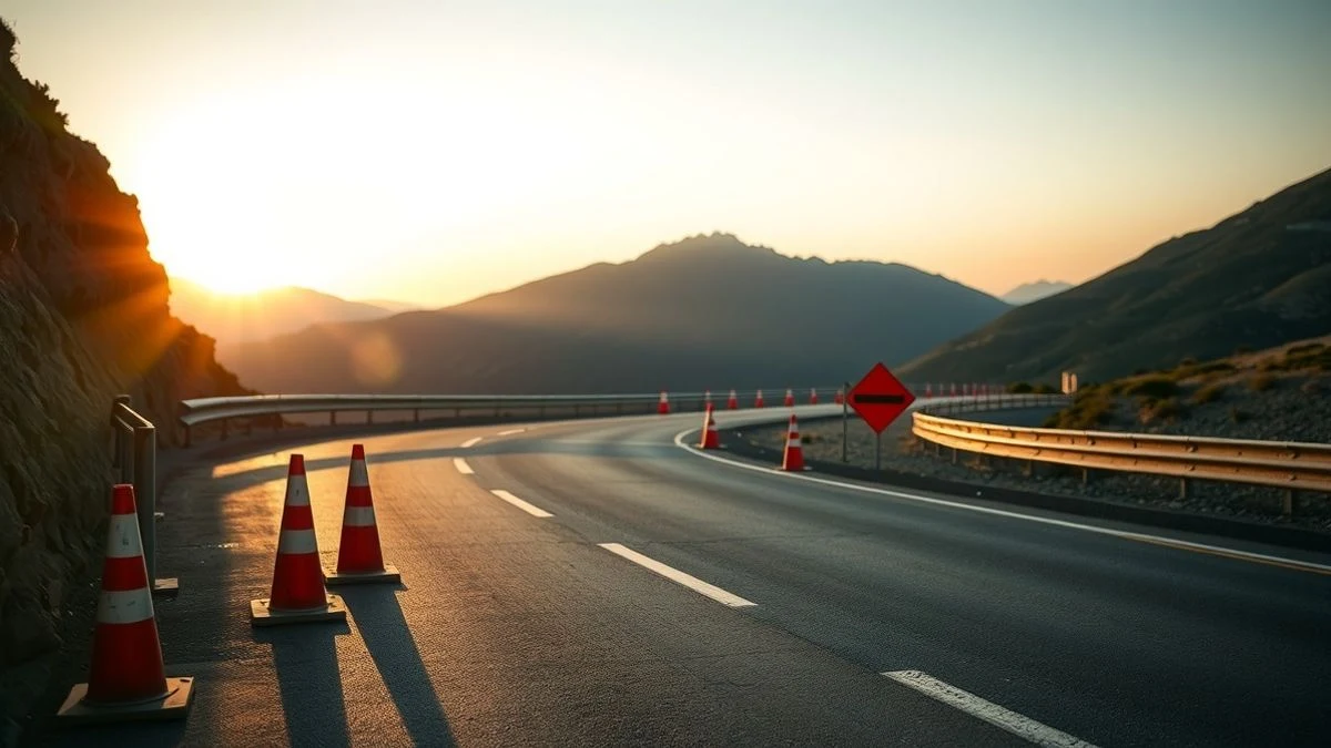 Imagen ilustrativa: carretera de montaña cortada con conos y barreras al atardecer