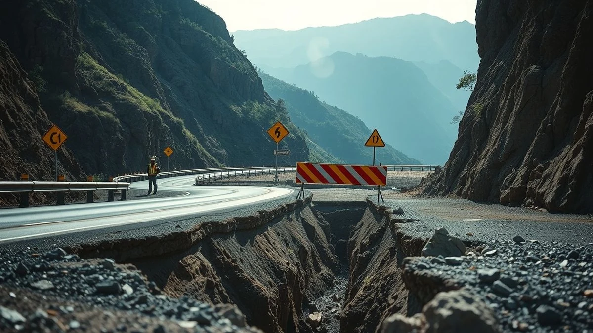 Closed road with construction barriers and diversion signs in the Serranía de Ronda