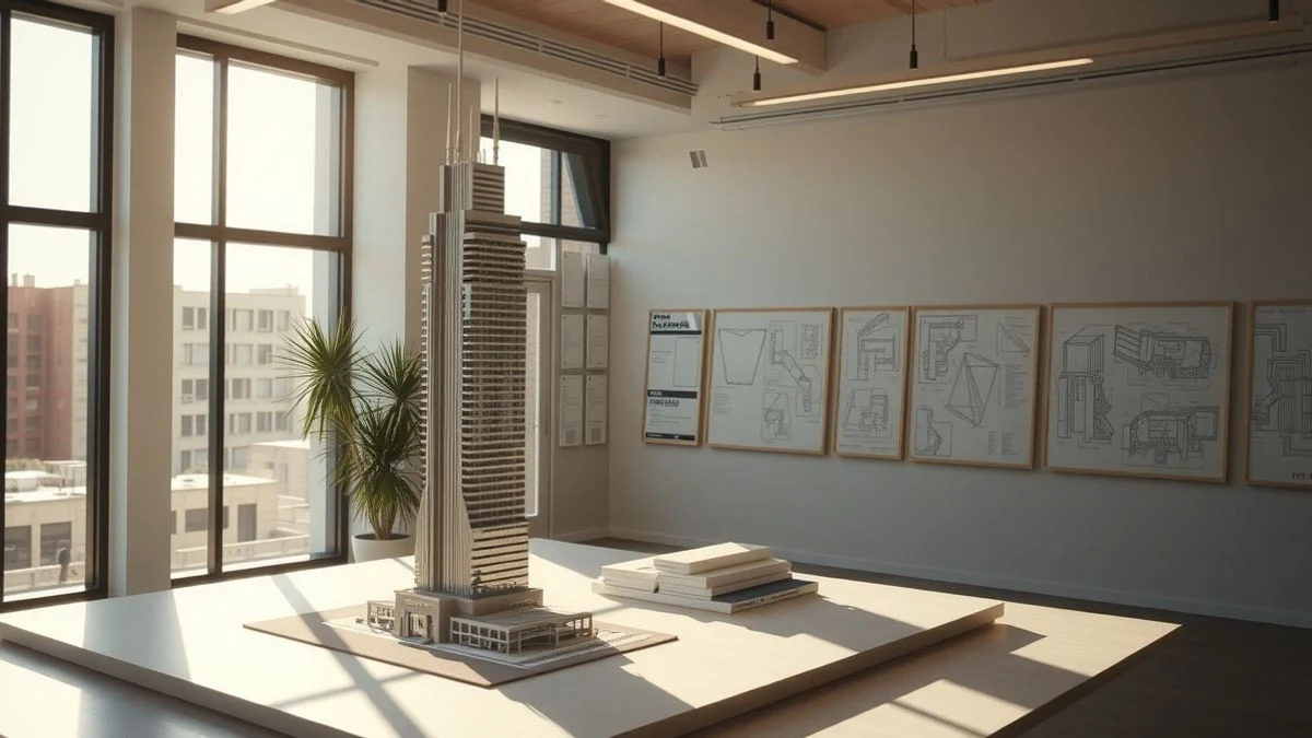 Illustrative image: model of a skyscraper on a table in an architecture office with natural side light.