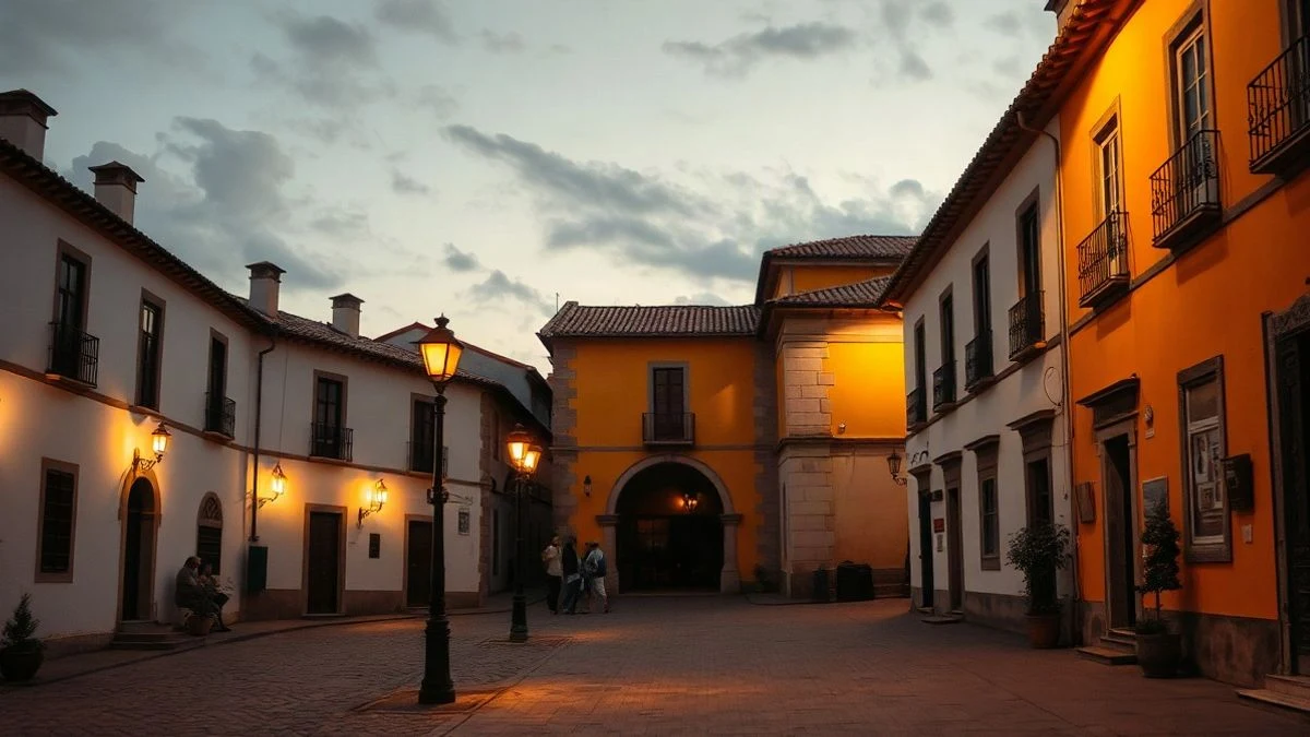 Imagen ilustrativa: calle de un pueblo andaluz iluminada con farolas al anochecer.
