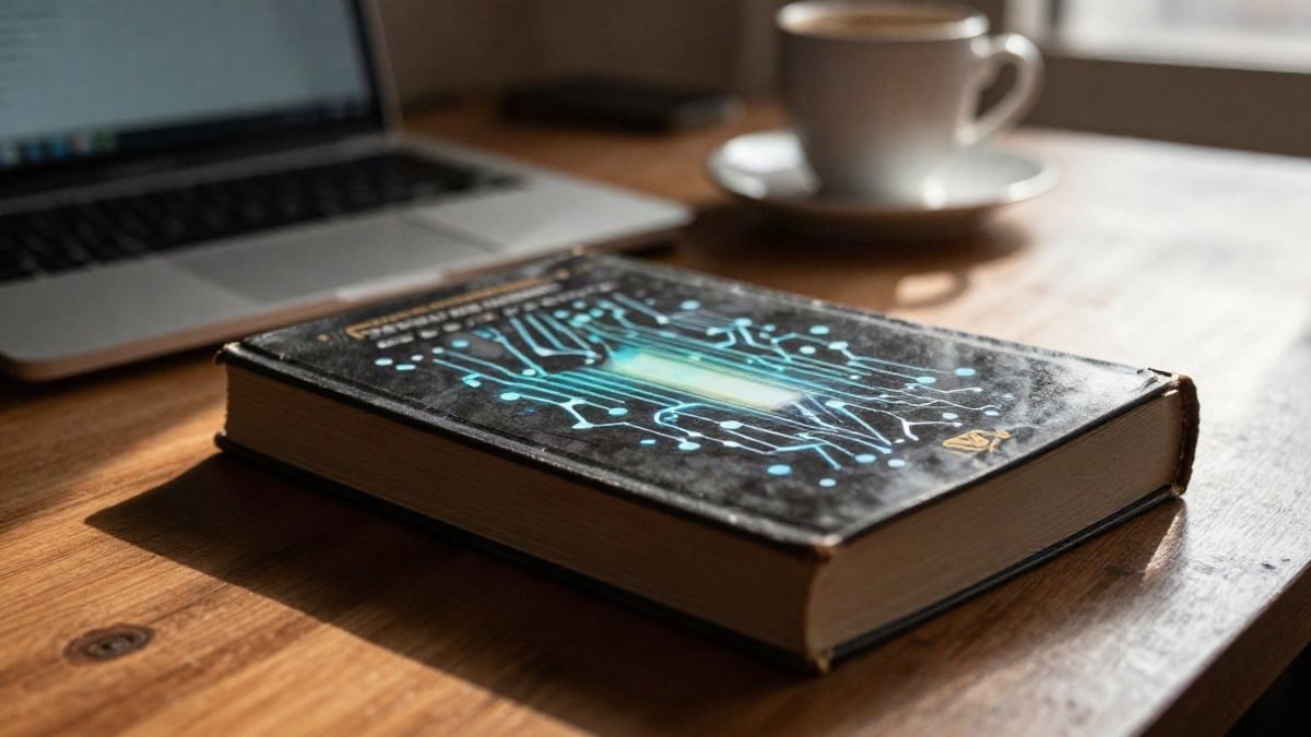 Illustrative image: a book with a bright quantum circuit pattern on a wooden table, with warm light and long shadows.
