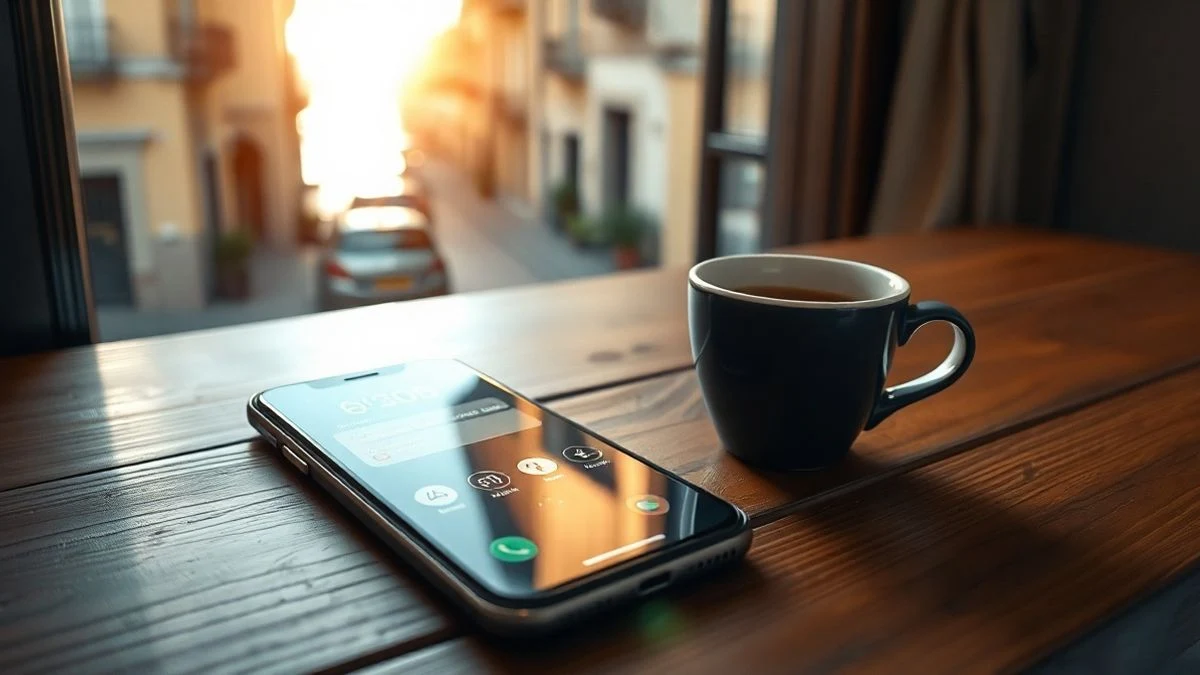 Imagen ilustrativa: un teléfono móvil sobre una mesa de madera junto a una taza de café, con una calle costera mediterránea desenfocada al fondo
