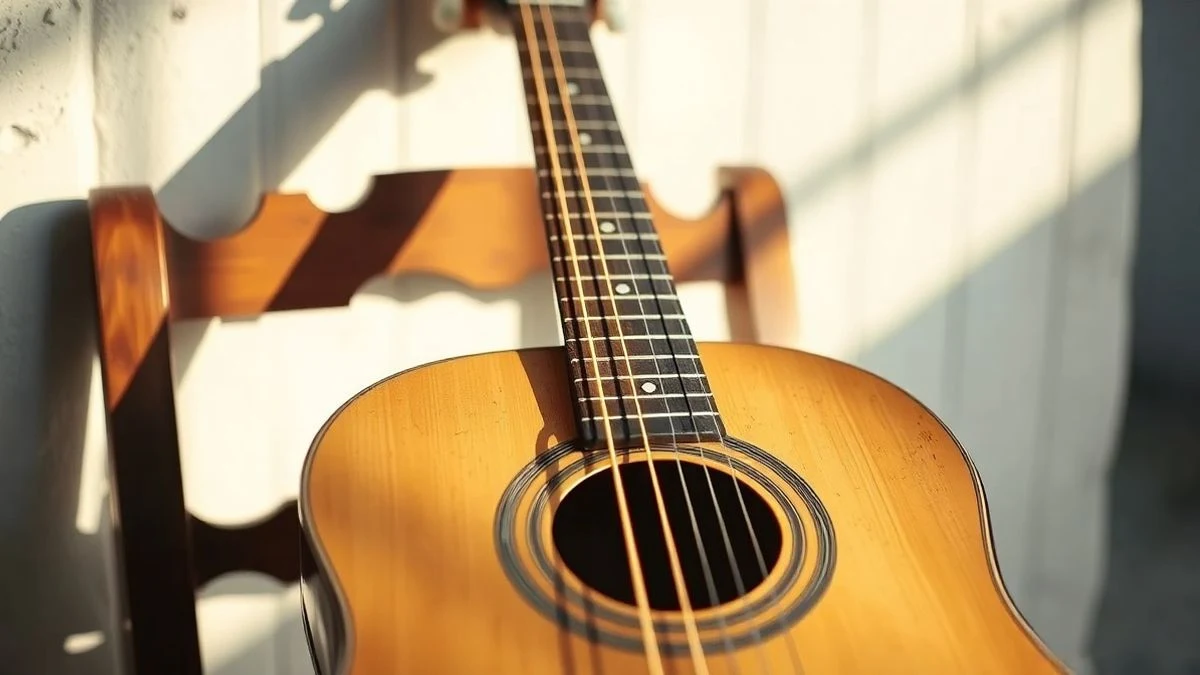 Imagen ilustrativa: primer plano de una guitarra flamenca sobre una silla de madera junto a una pared encalada