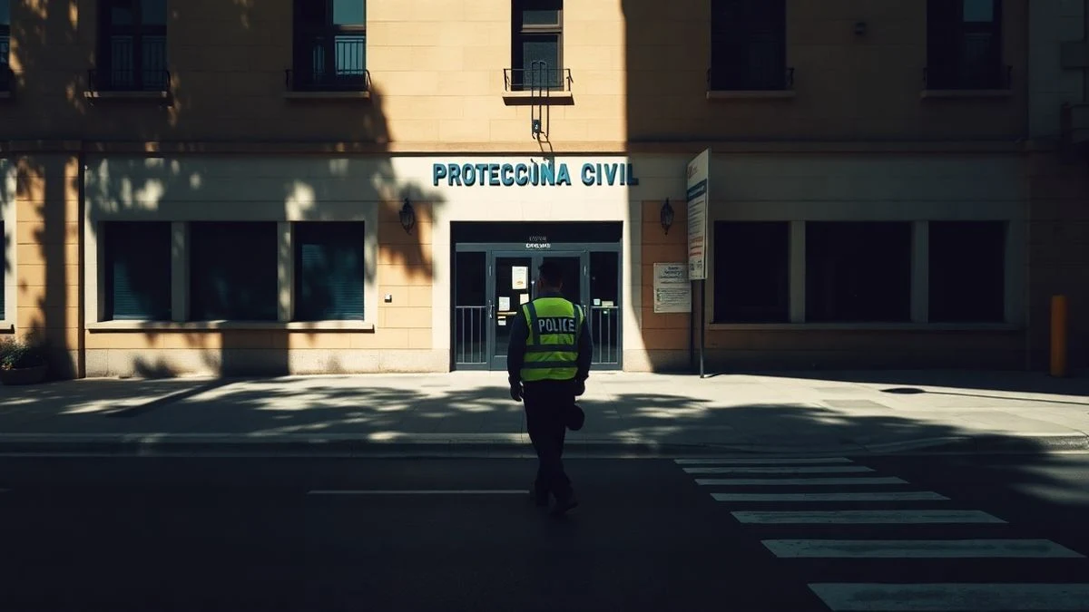 Fachada de edificio municipal con cartel de Protección Civil y una figura de espaldas bajo luz de atardecer