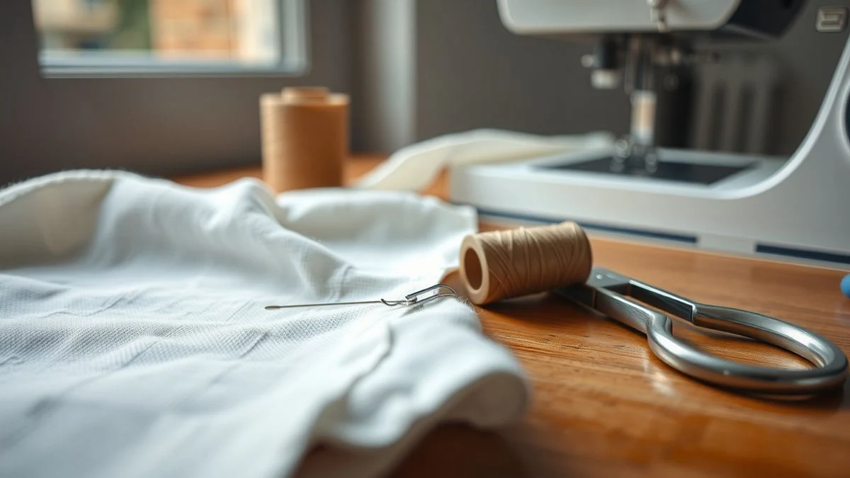 Illustrative image: a sewing needle passing through white fabric on a wooden table, with a spool of thread and scissors beside it, soft natural light