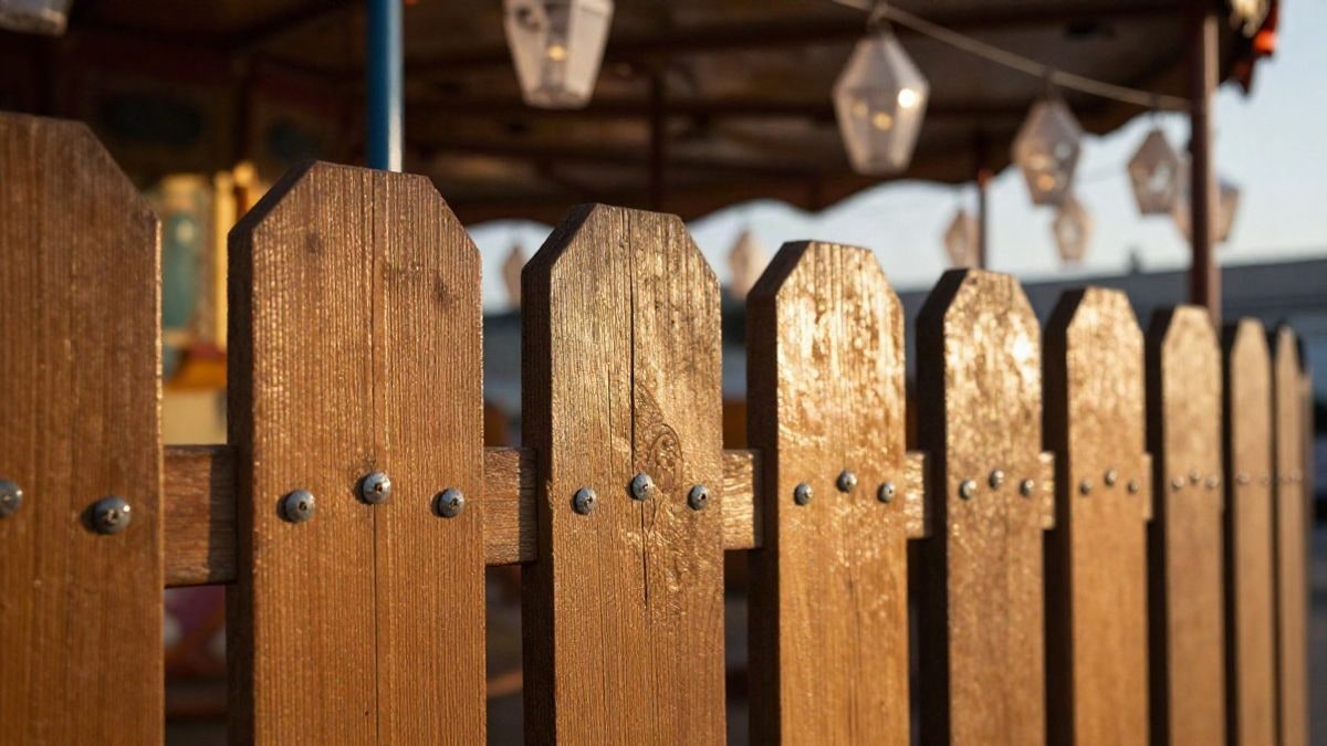 Imagen ilustrativa: detalle de una valla de madera envejecida en un recinto ferial al atardecer