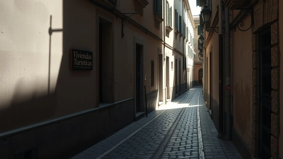Calle empedrada del centro histórico de Málaga con un cartel de viviendas turísticas y una puerta entreabierta