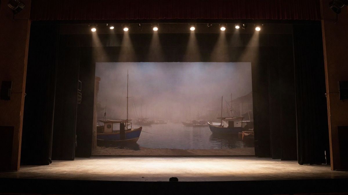 Imagen ilustrativa: escenario de teatro con focos cálidos y telón de fondo de un puerto pesquero brumoso