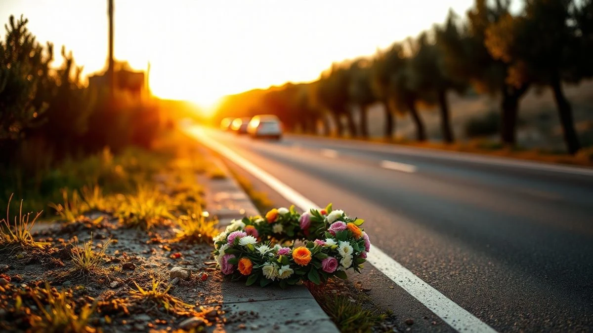 Imagen ilustrativa: ofrenda floral en una carretera rural andaluza al atardecer