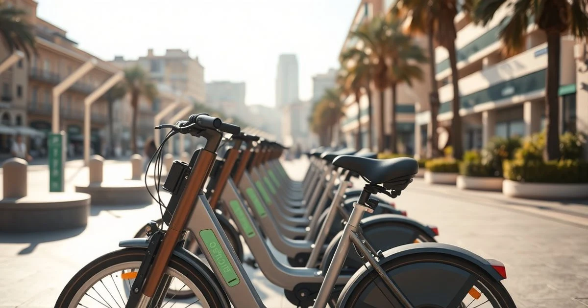Estación de bicicletas eléctricas vacía en una plaza de Málaga con luz de atardecer